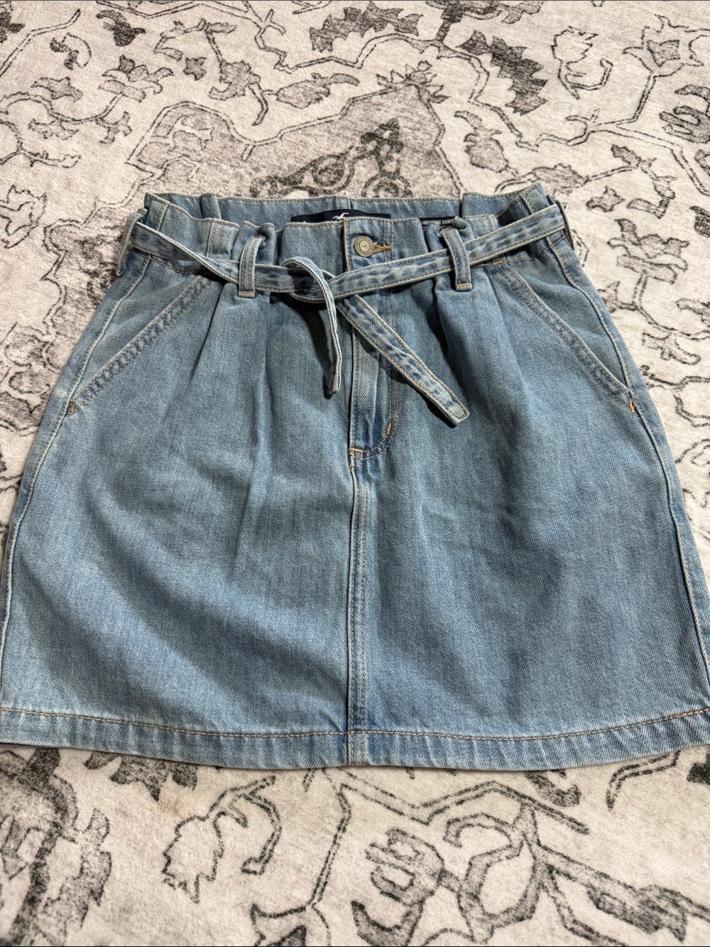 Hollister Light Blue Denim A-Line Paperbag Waist Skirt with Tie
